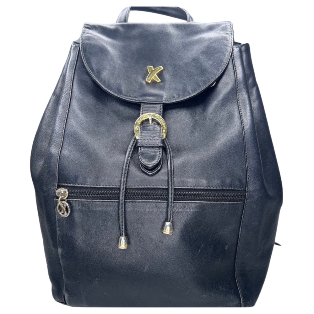 Paloma Picasso black leather backpack logo adjustable straps gold hardware